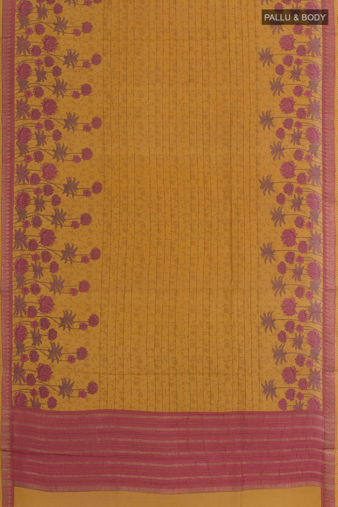 Flat view of Mustard Tussar Silk Saree with Stripes on the body and Zari Border. 