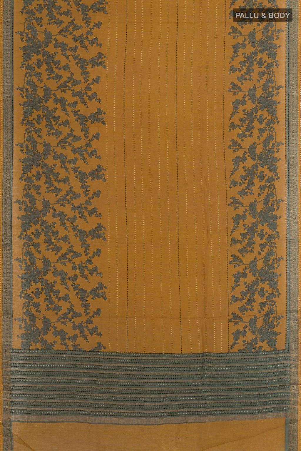 Flat view of Mustard Tussar Saree with Printed design on the body and Zari Border. 