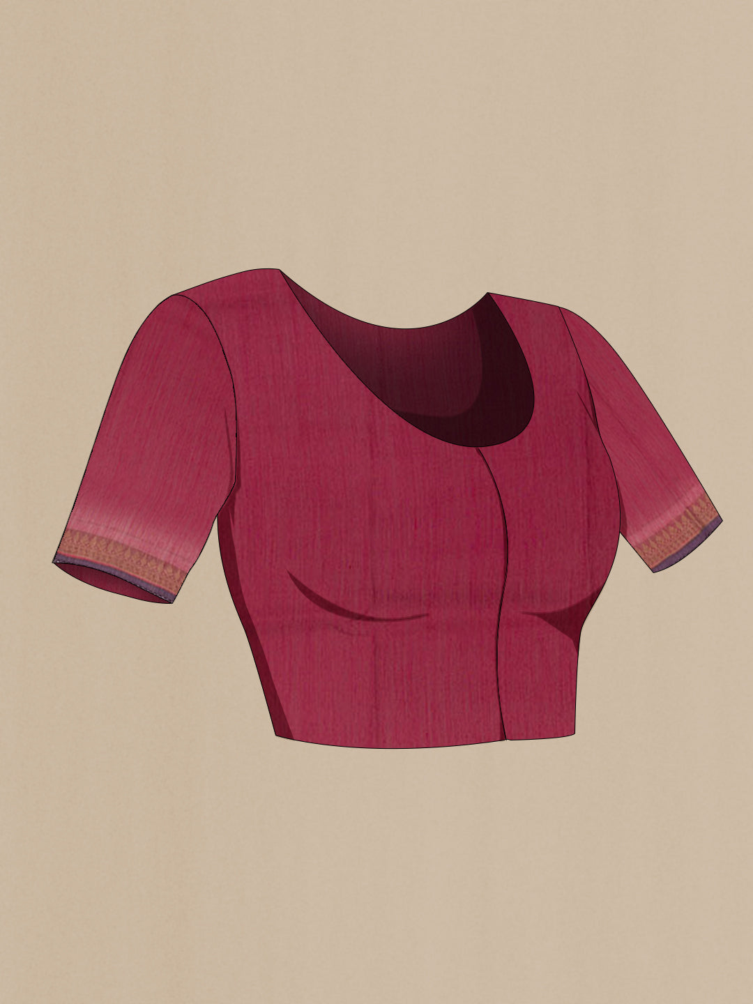 Close up image of the blouse of Purple Tussar Saree with Printed design on the body and Zari Border. 