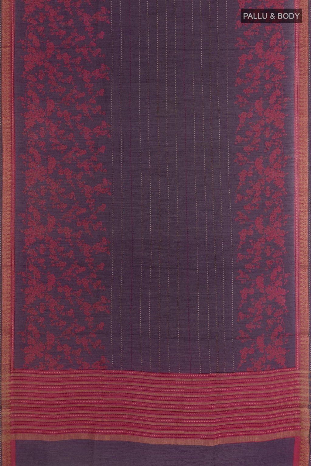 Flat view of Purple Tussar Saree with Printed design on the body and Zari Border. 