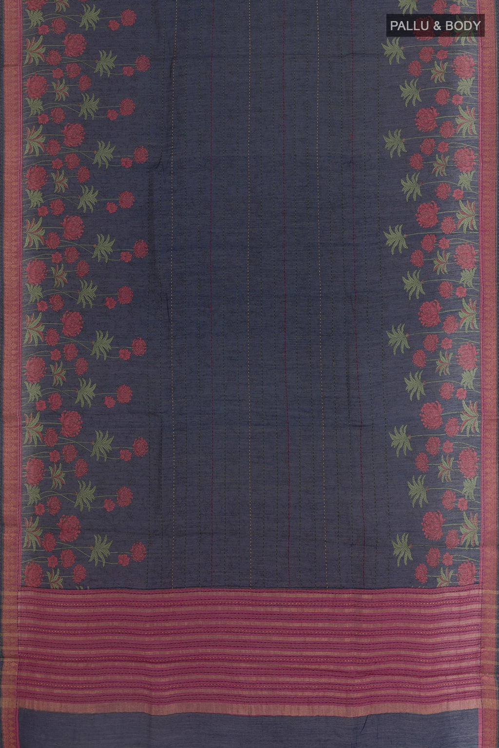Flat view of Navy Blue Tussar Saree with Stripes on the body and Zari Border. 