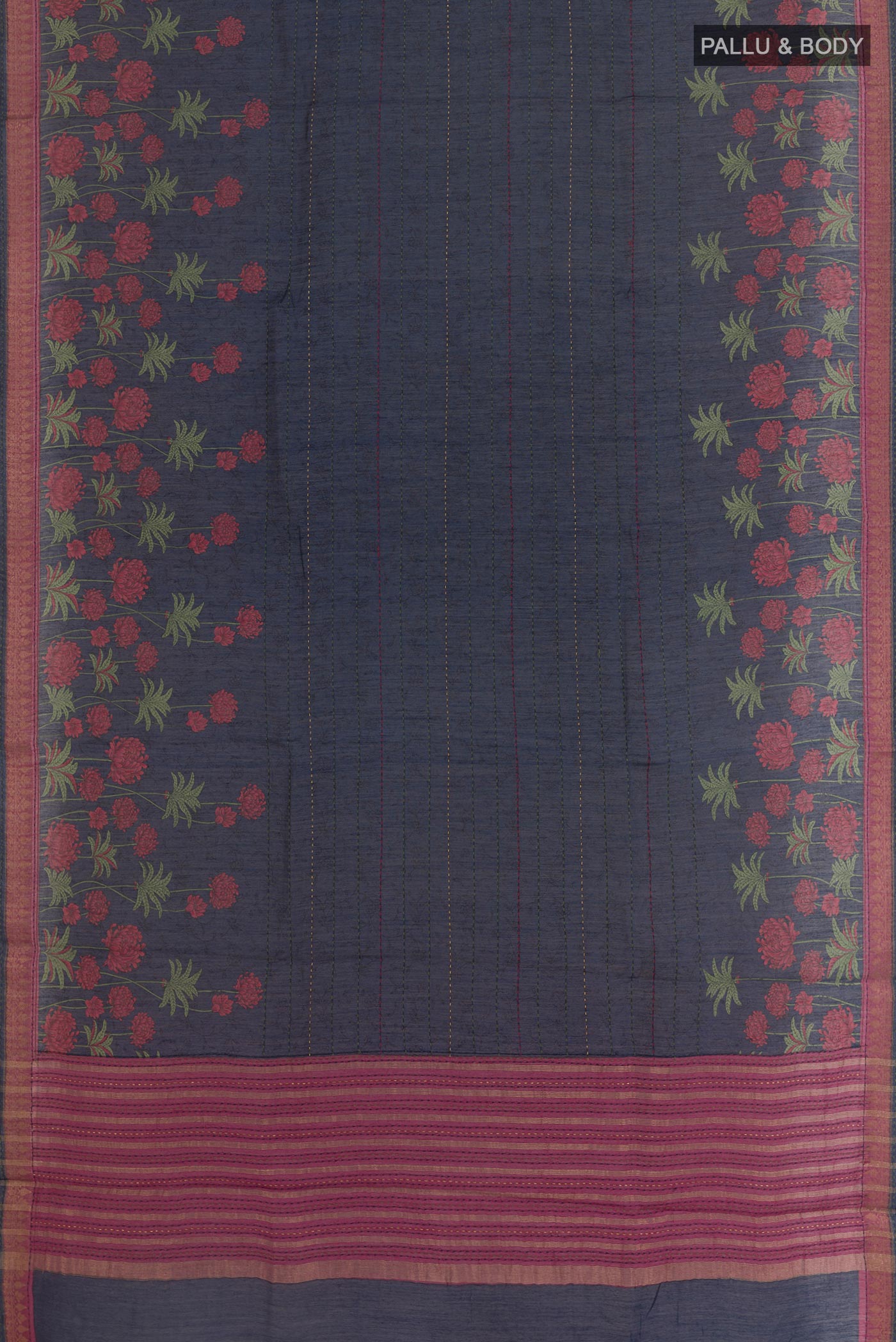 Flat view of Navy Blue Tussar Saree with Stripes on the body and Zari Border. 