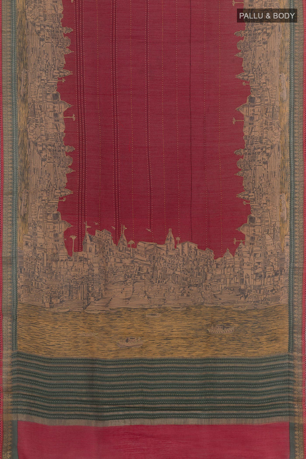 Flat view of Maroon Tussar Saree with Stripes on the body and Zari Border. 