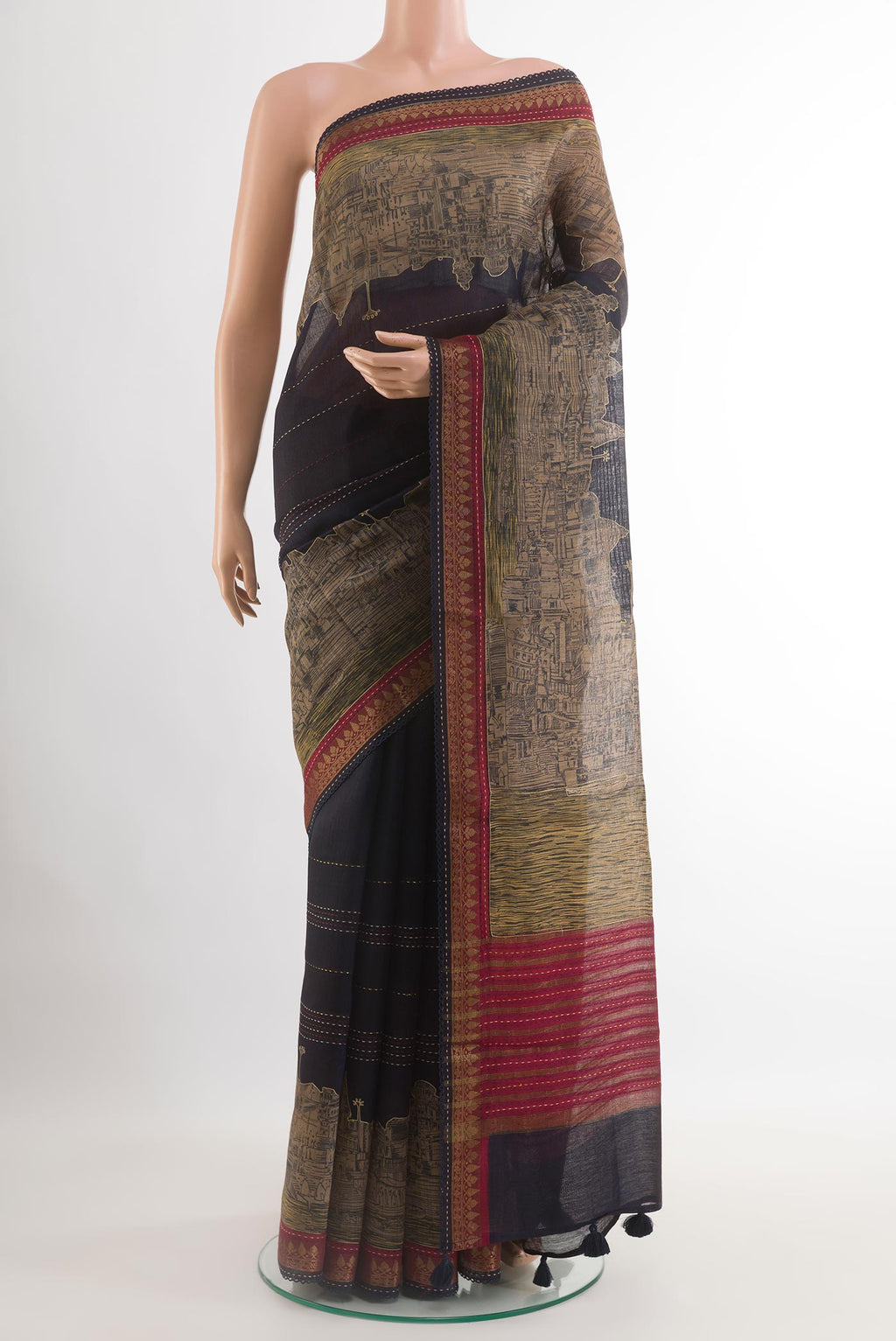 Dark Blue Tussar Saree with Stripes on the body and Zari Border.  displayed on a mannequin