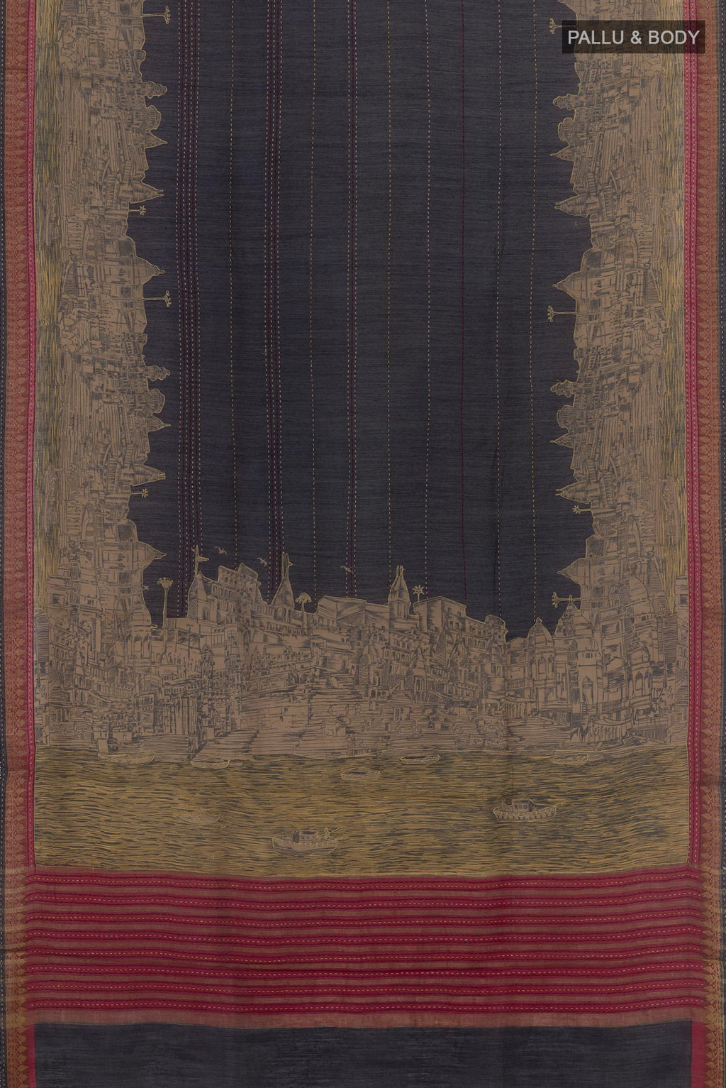 Flat view of Dark Blue Tussar Saree with Stripes on the body and Zari Border. 