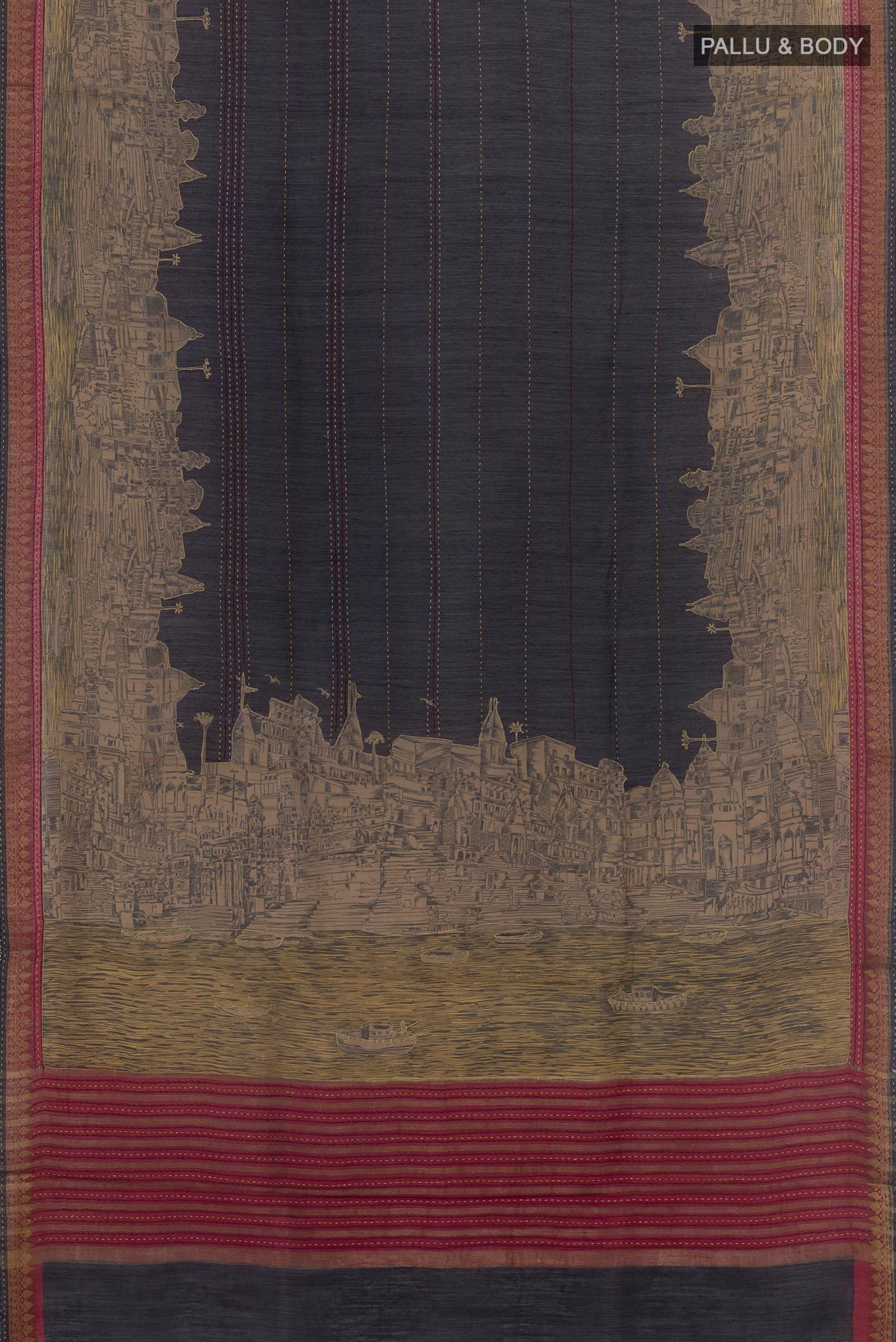 Flat view of Dark Blue Tussar Saree with Stripes on the body and Zari Border. 