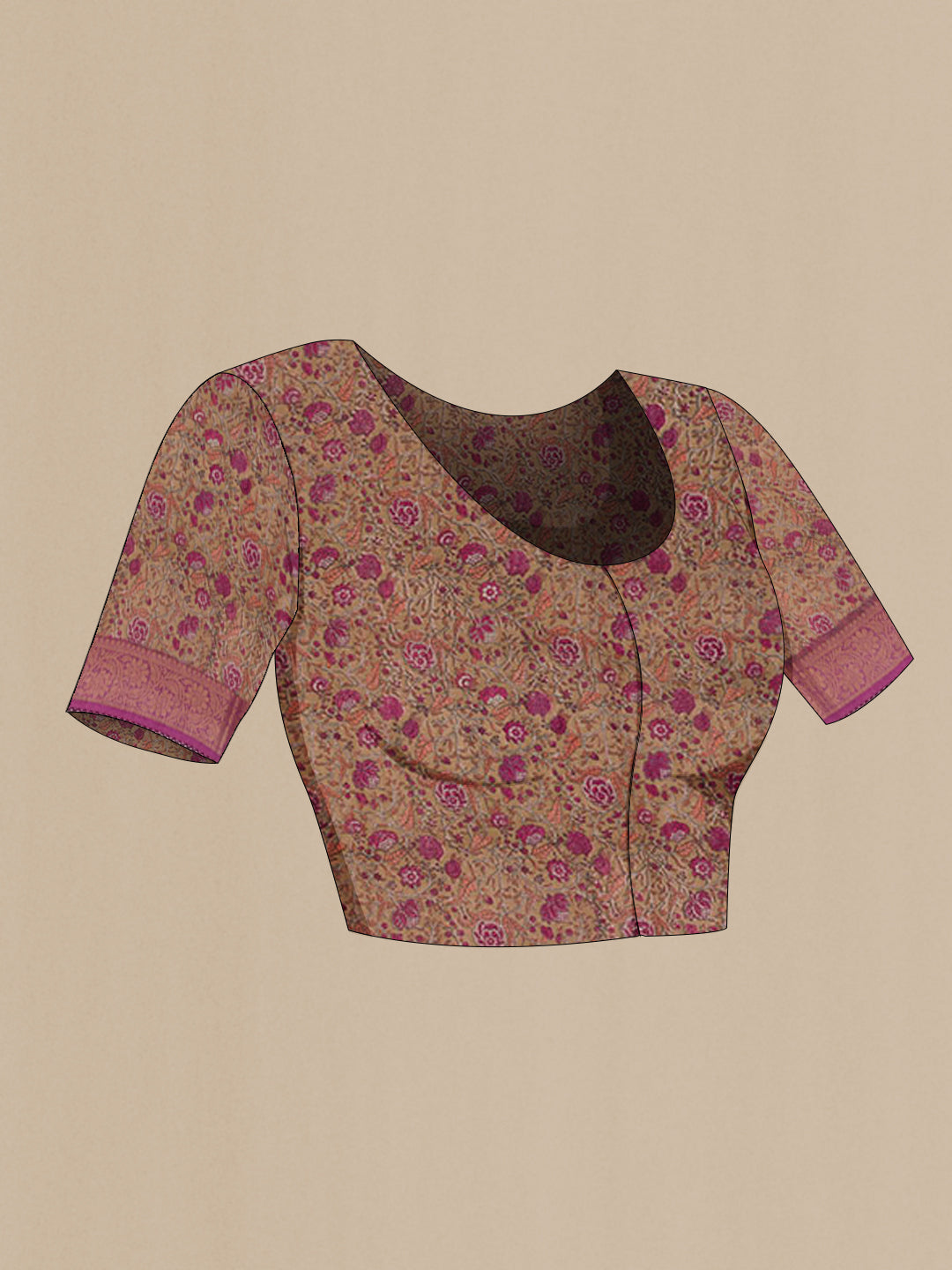 Close up image of the blouse of Purple Tussar Saree with Zari Butta on the body and Zari Border. 