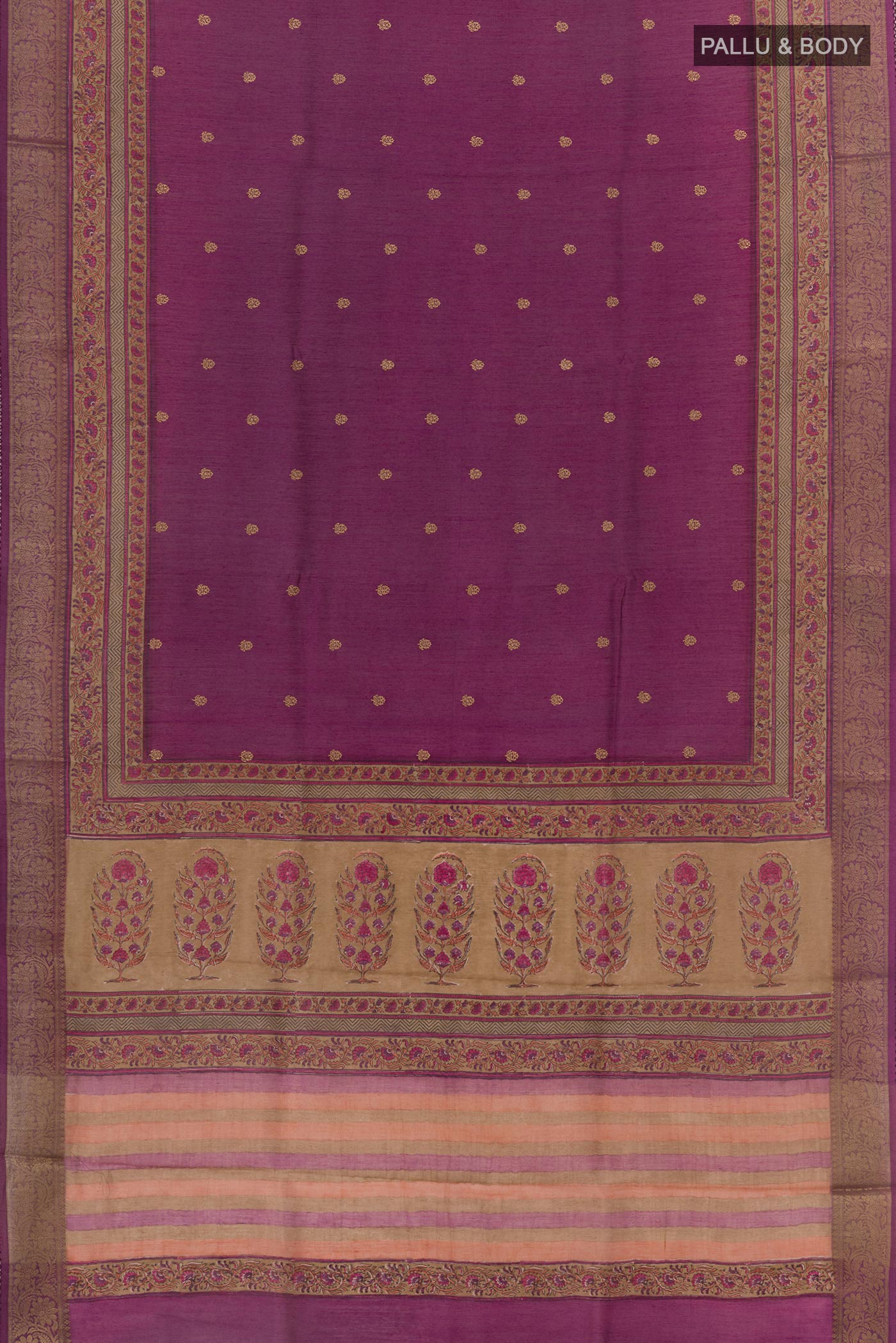 Flat view of Purple Tussar Saree with Zari Butta on the body and Zari Border. 