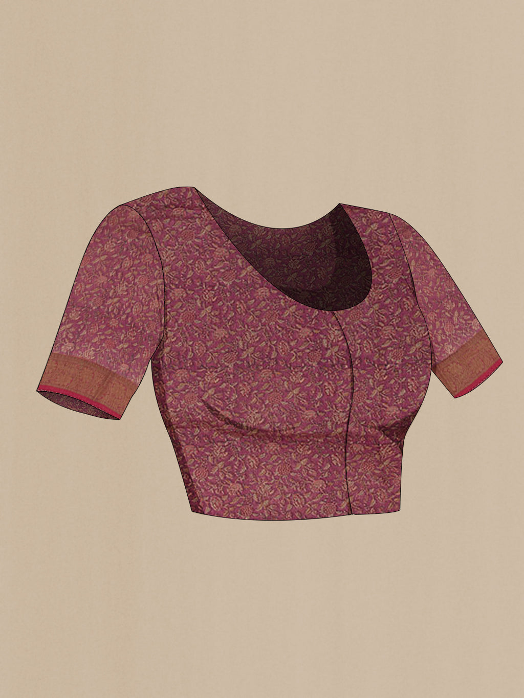 Close up image of the blouse of Red Tussar Silk Saree with Embroidery on the body and Zari Border. 
