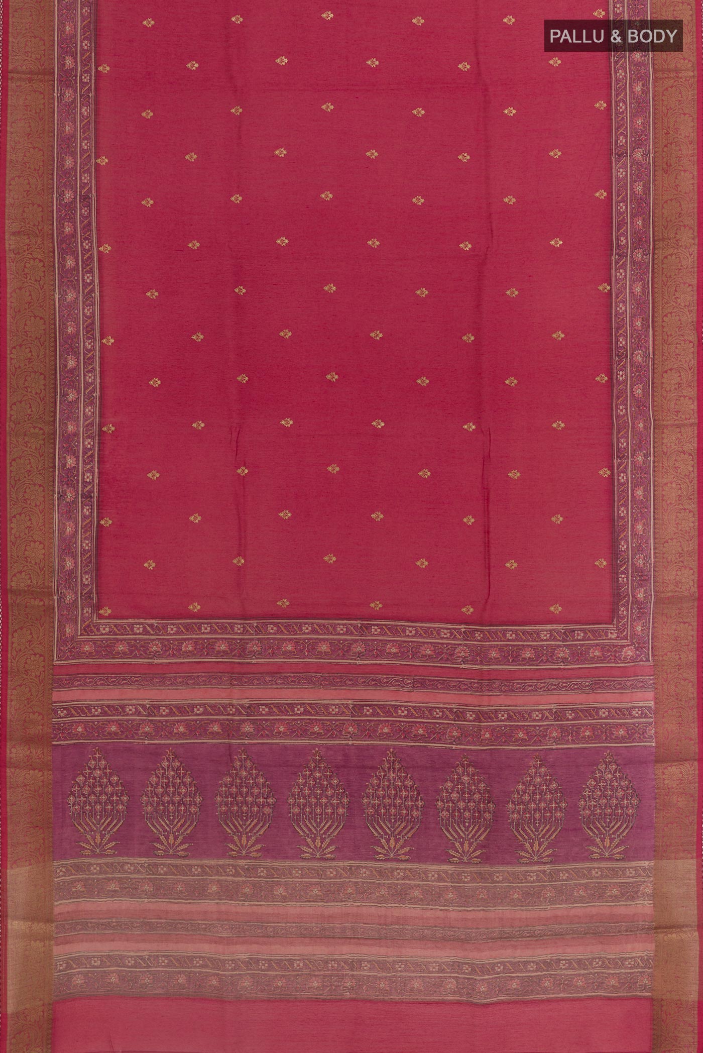 Flat view of Red Tussar Silk Saree with Embroidery on the body and Zari Border. 