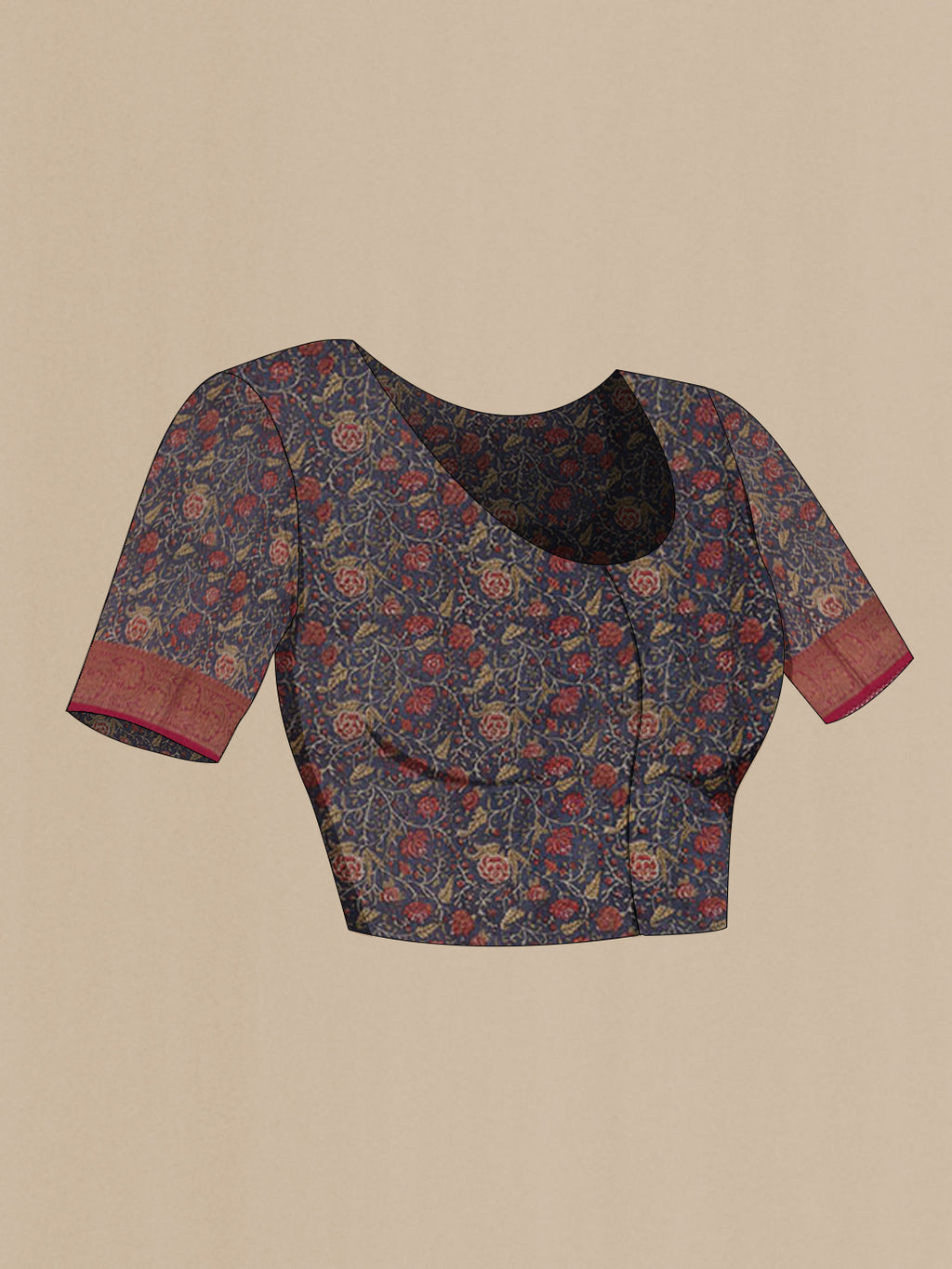 Close up image of the blouse of Dark Pink Tussar Silk Saree with Zari Butta on the body and Zari Border. 