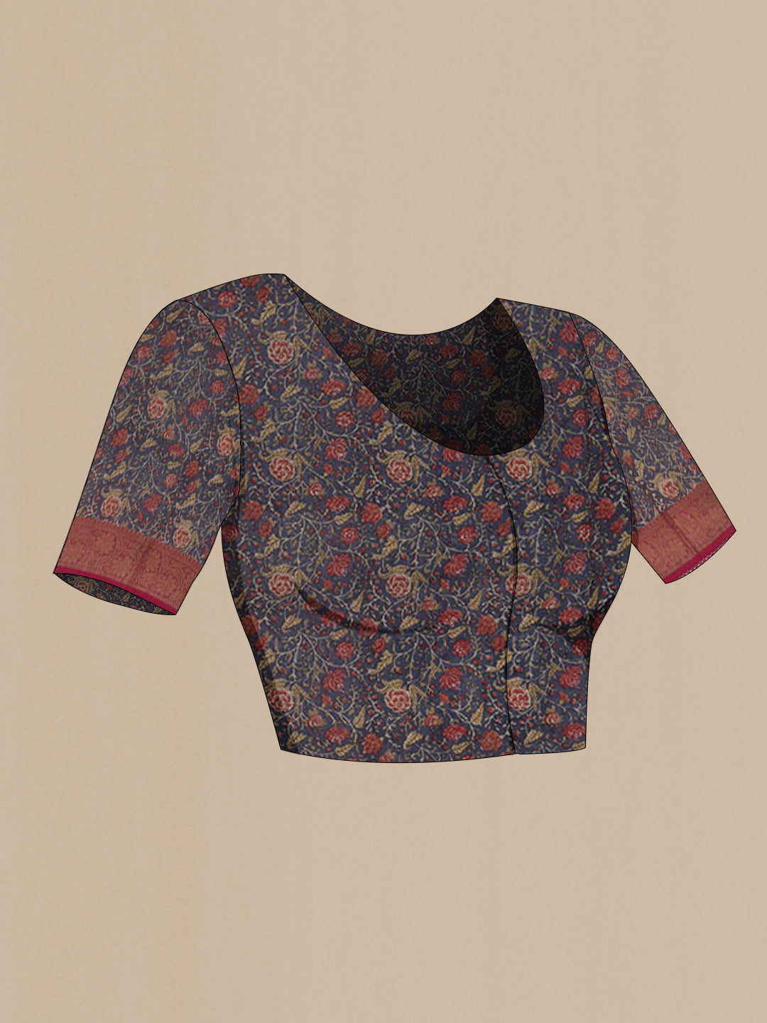 Close up image of the blouse of Dark Pink Tussar Silk Saree with Zari Butta on the body and Zari Border. 