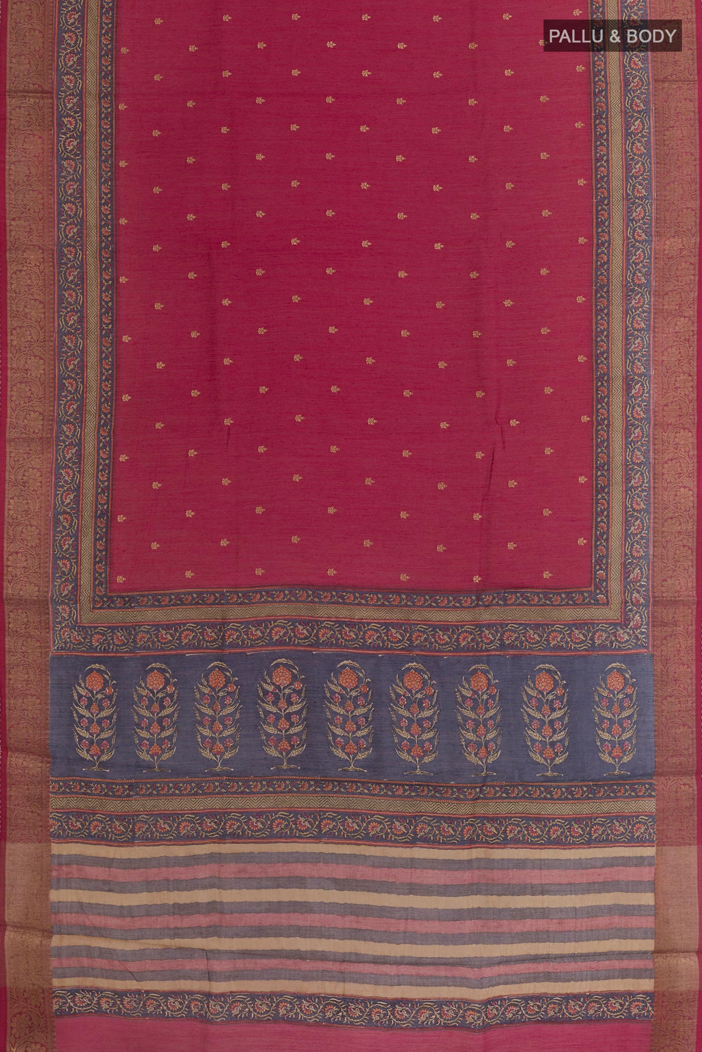 Flat view of Dark Pink Tussar Silk Saree with Zari Butta on the body and Zari Border. 