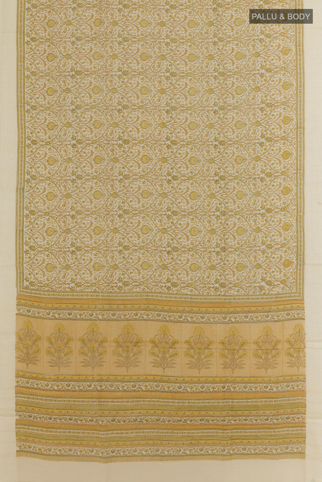Flat view of Green Tussar Saree with Printed design on the body and Zari Border. 