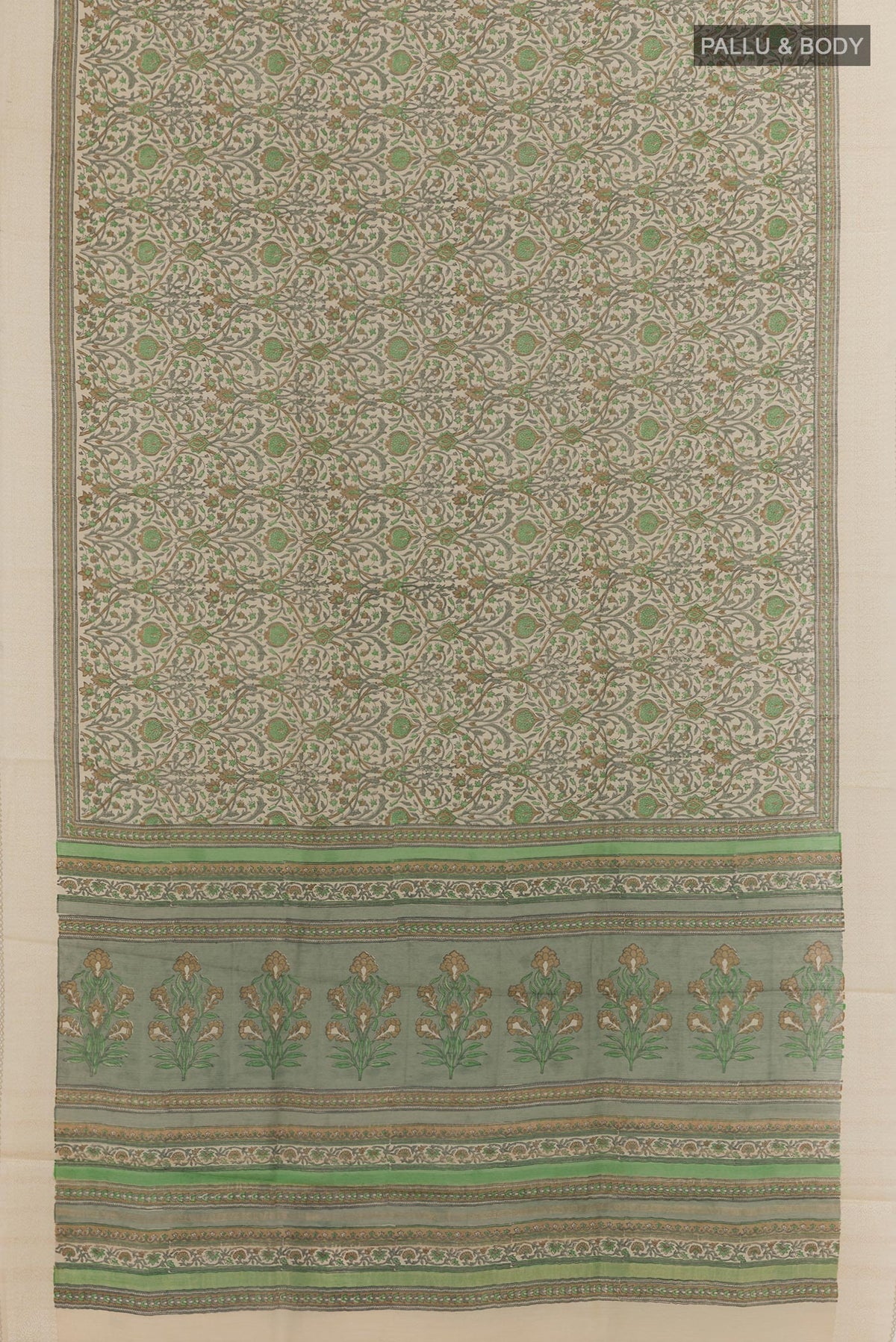 Flat view of Green Tussar Silk Saree with Printed design on the body and Zari Border. 