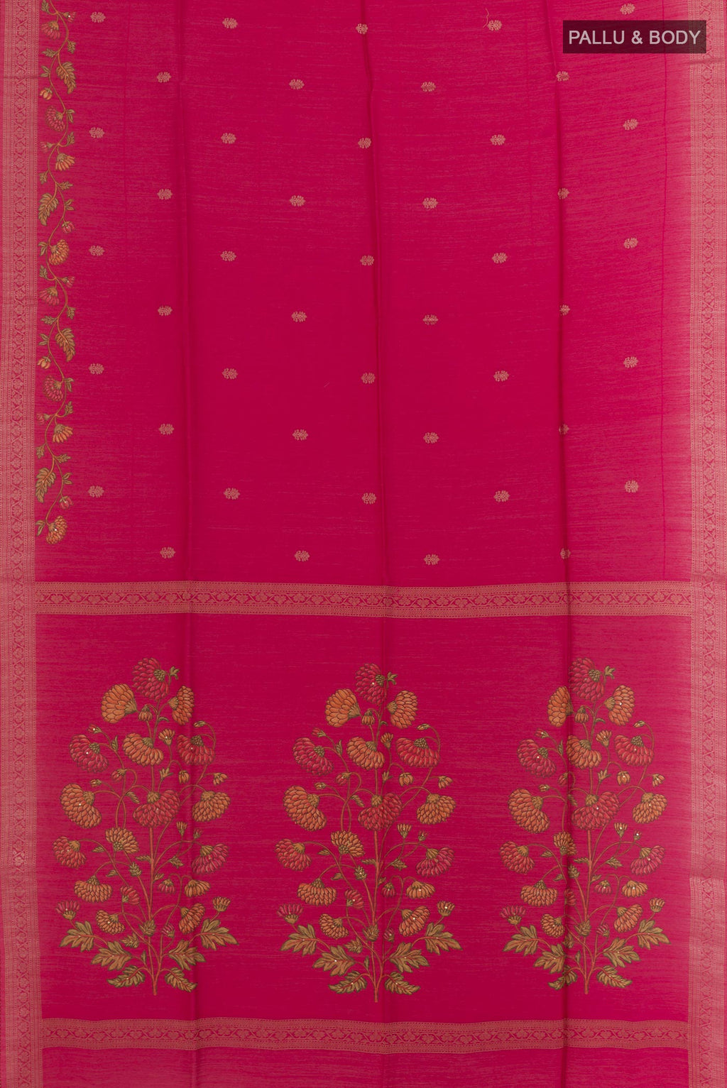 Flat view of Pink Tussar Silk Saree with Embroidery on the body and Zari Border. 