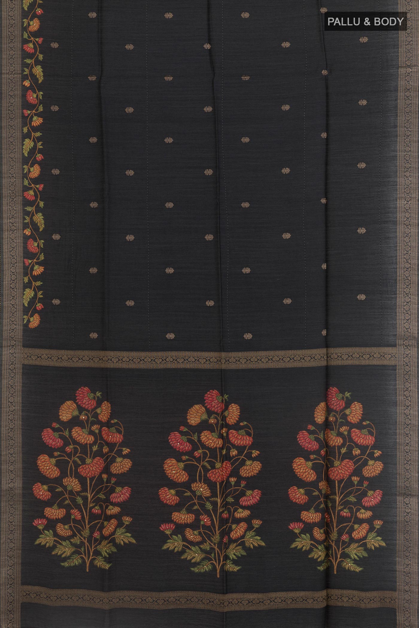 Flat view of Black Tussar Silk Saree with Thread Butta on the body and Zari Border. 