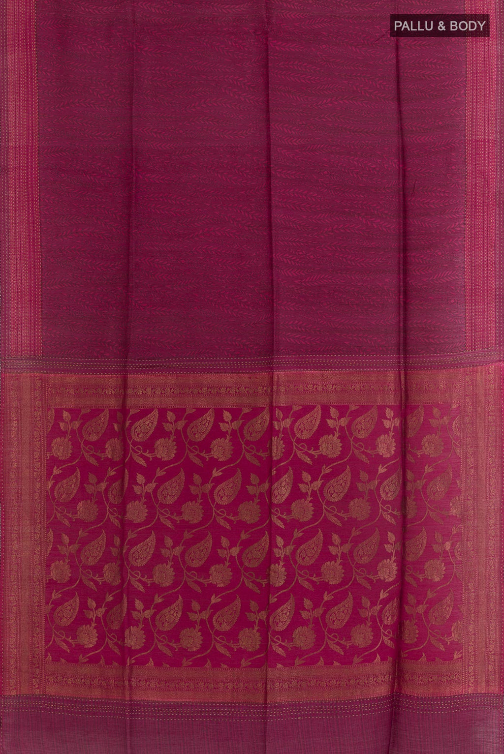 Flat view of Maroon Tussar Silk Saree with Stripes on the body and Thread Border. 