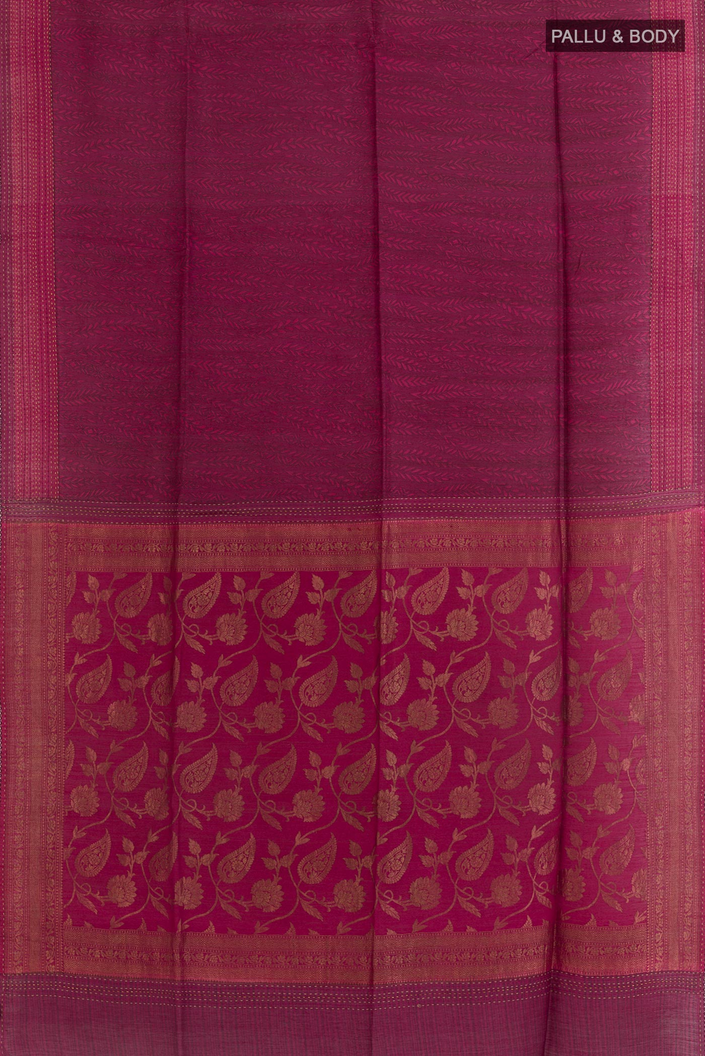 Flat view of Maroon Tussar Silk Saree with Stripes on the body and Thread Border. 