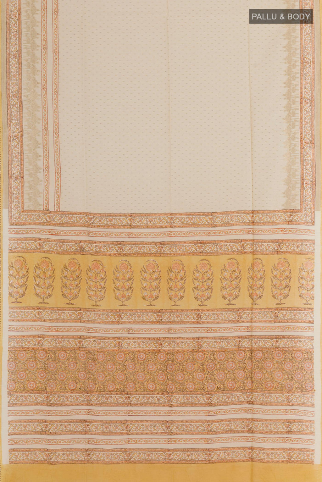 Flat view of Cream Tussar Saree with Zari Butta on the body and Printed Border. 
