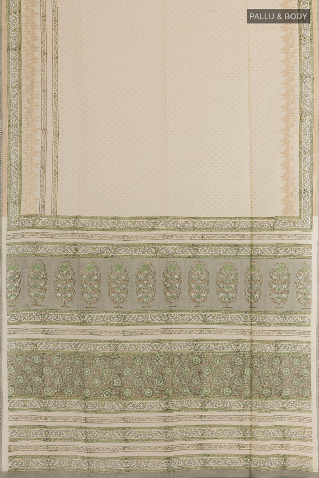 Flat view of Cream Tussar Silk Saree with Zari Butta on the body and Printed Border. 