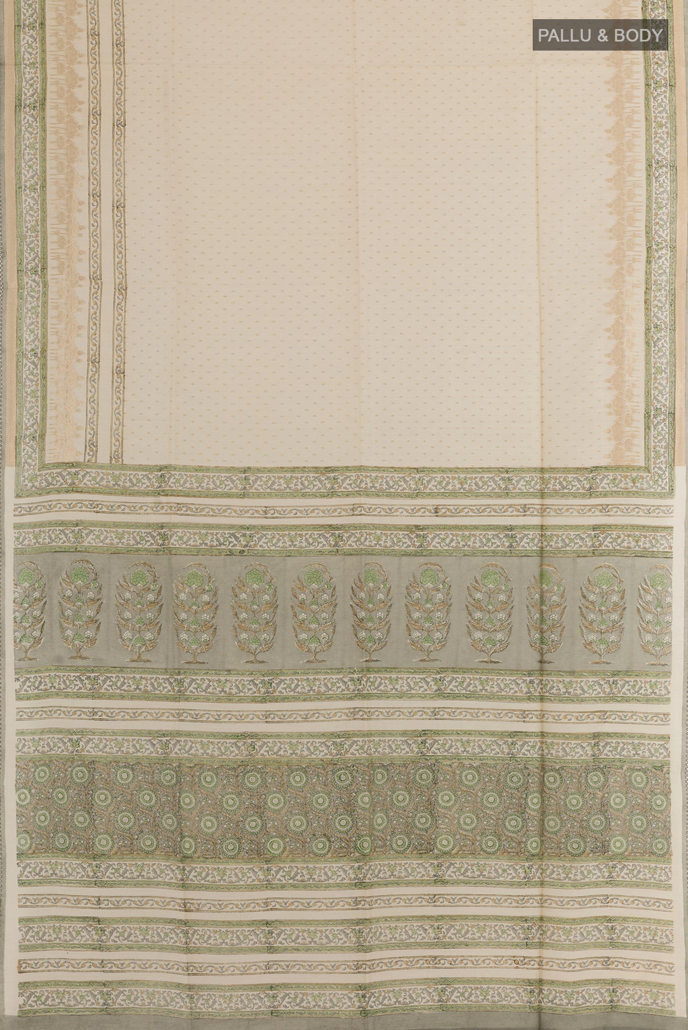 Flat view of Cream Tussar Silk Saree with Zari Butta on the body and Printed Border. 