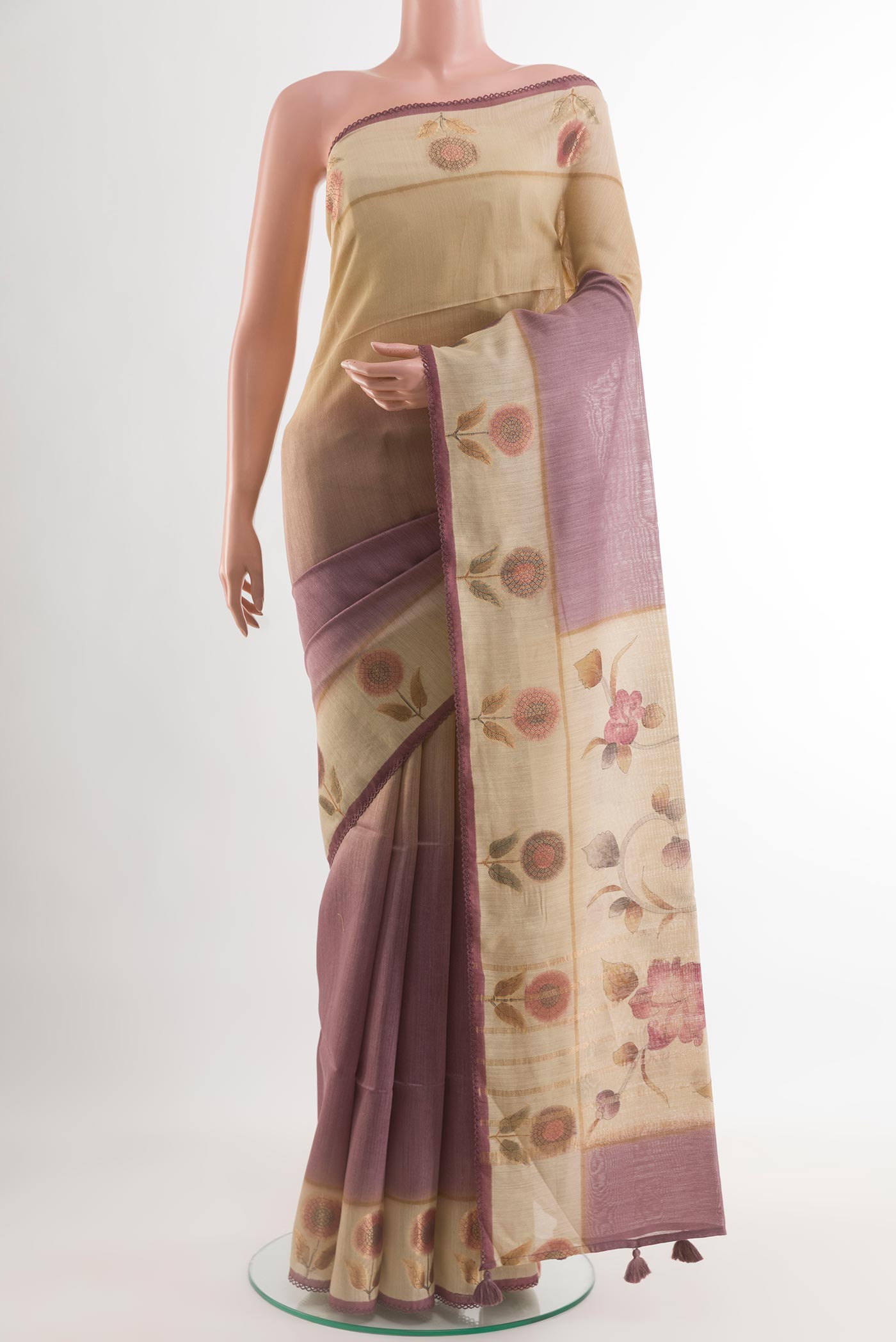 Multi Color Tussar Saree with Ombre design on the body and Printed Border.  displayed on a mannequin