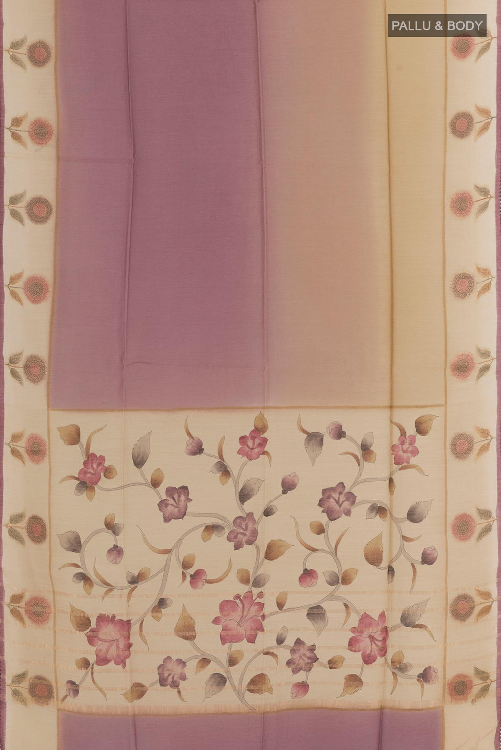 Flat view of Multi Color Tussar Saree with Ombre design on the body and Printed Border. 