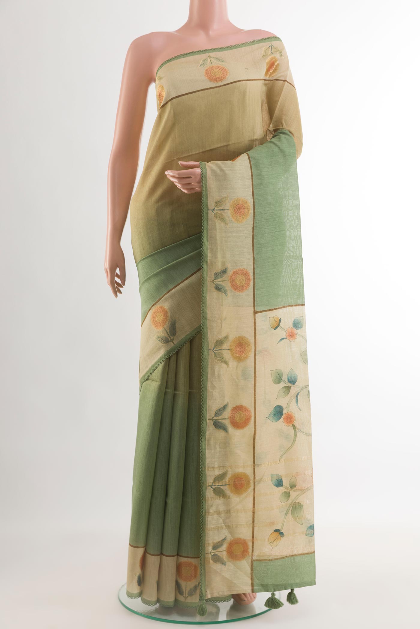 Multi Color Tussar Silk Saree with Ombre design on the body and Printed Border.  displayed on a mannequin