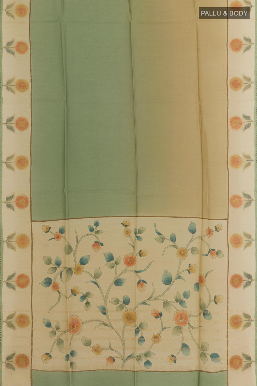 Flat view of Multi Color Tussar Silk Saree with Ombre design on the body and Printed Border. 