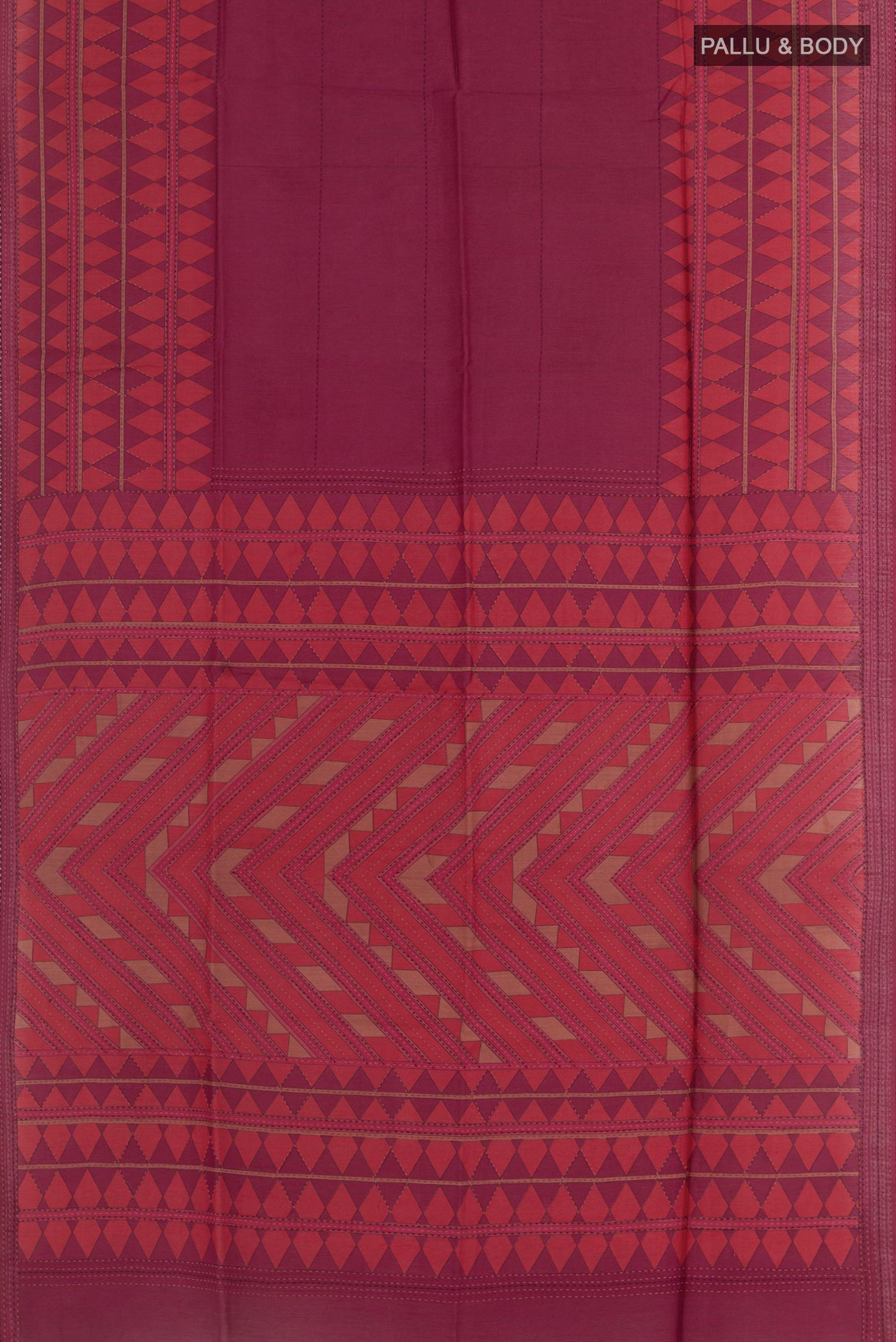 Flat view of Maroon Tussar Silk Saree with Printed design on the body and Printed Border. 