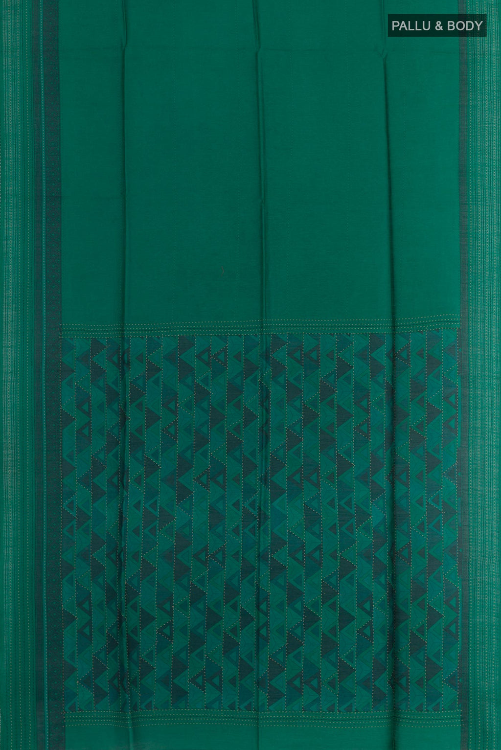 Flat view of Green Tussar Silk Saree with Stripes on the body and Thread Border. 