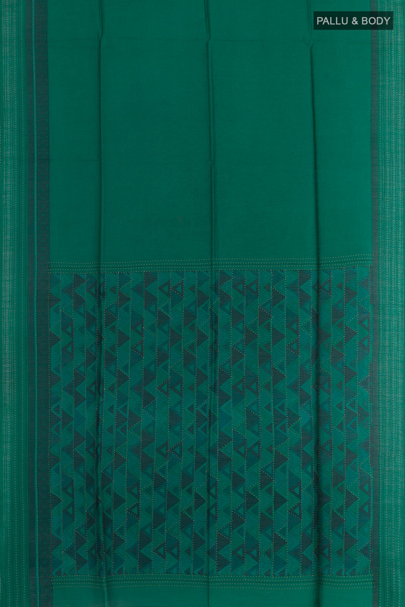 Flat view of Green Tussar Silk Saree with Stripes on the body and Thread Border. 