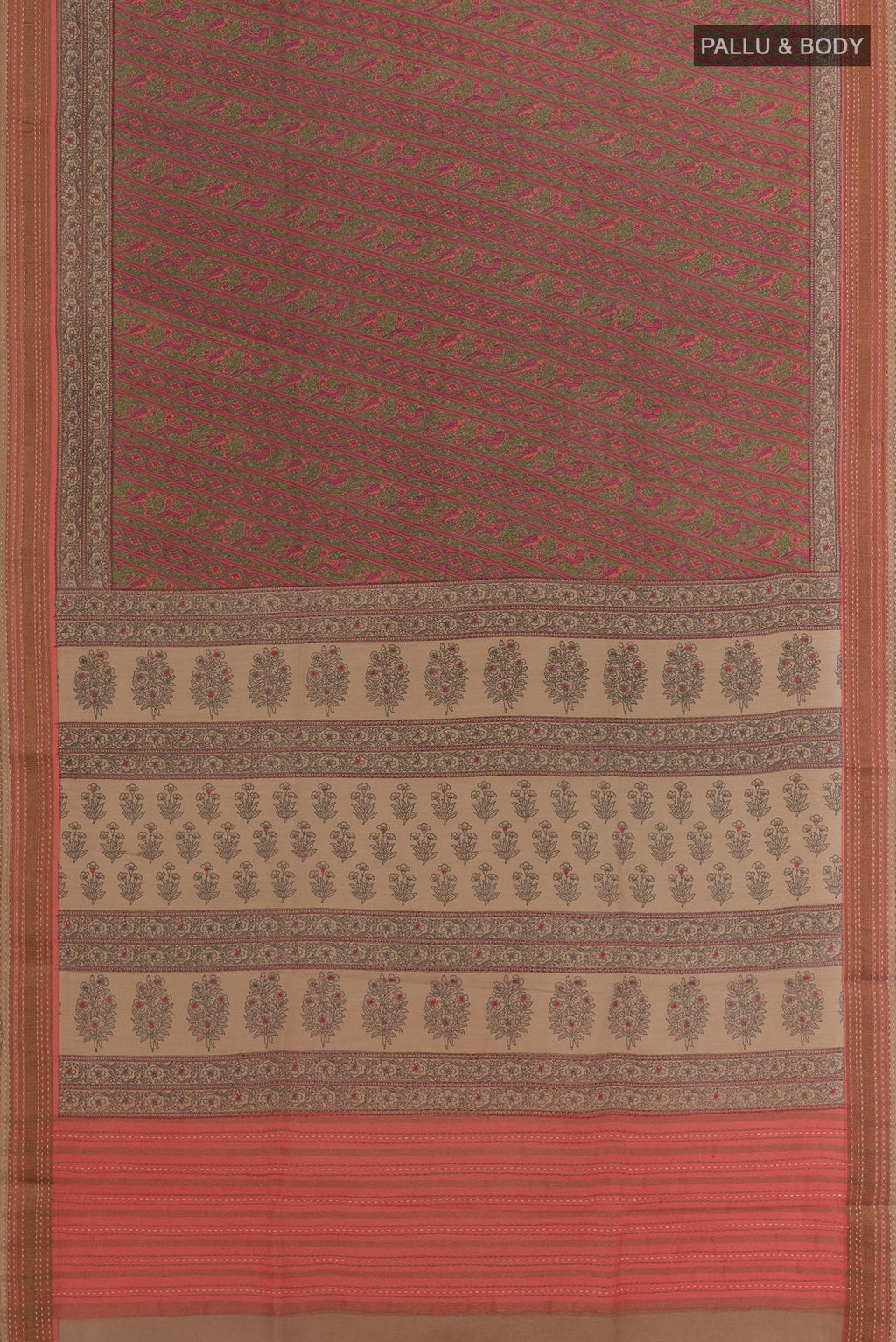 Flat view of Coral Tussar Silk Saree with Printed design on the body and Zari Border. 