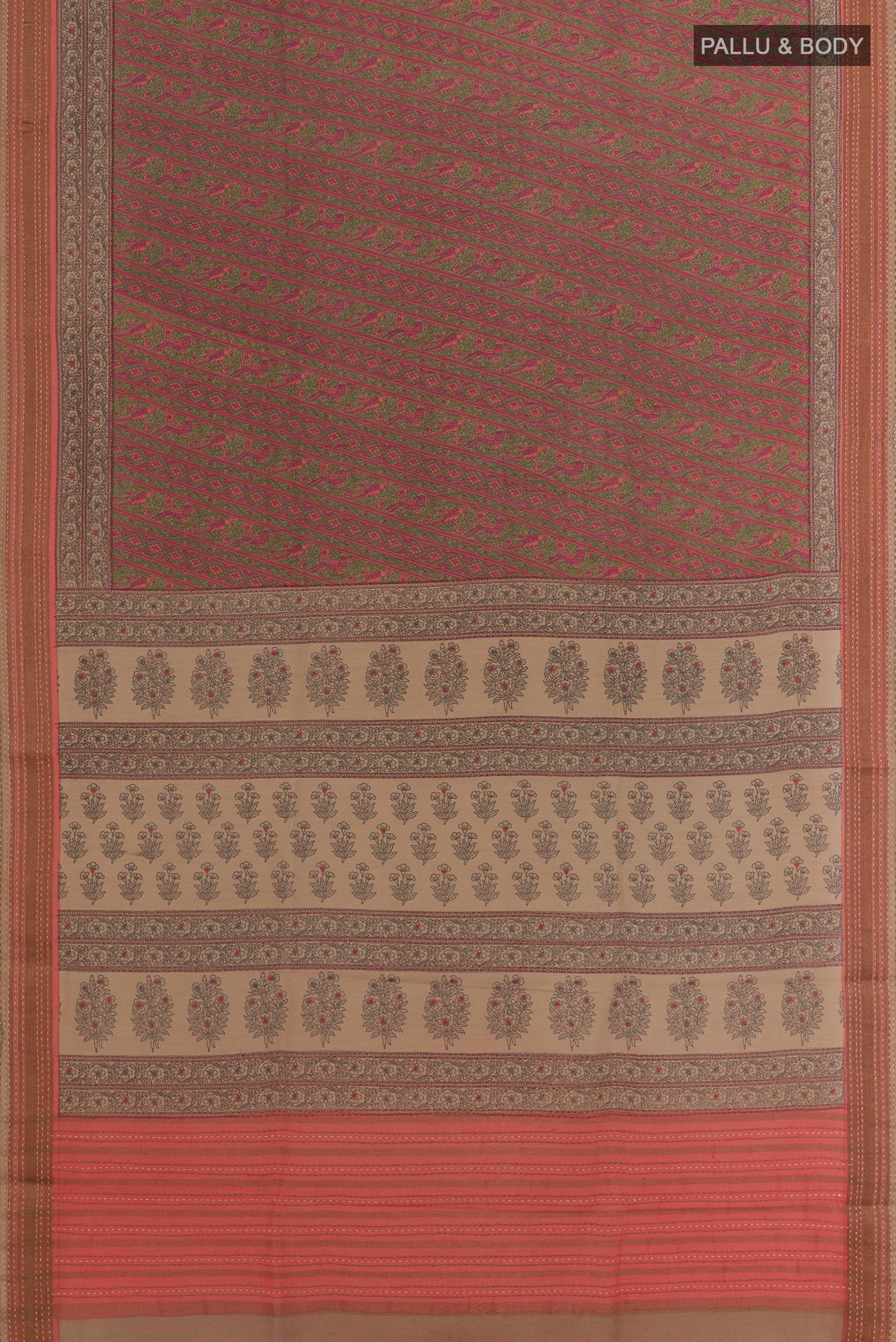 Flat view of Coral Tussar Silk Saree with Printed design on the body and Zari Border. 