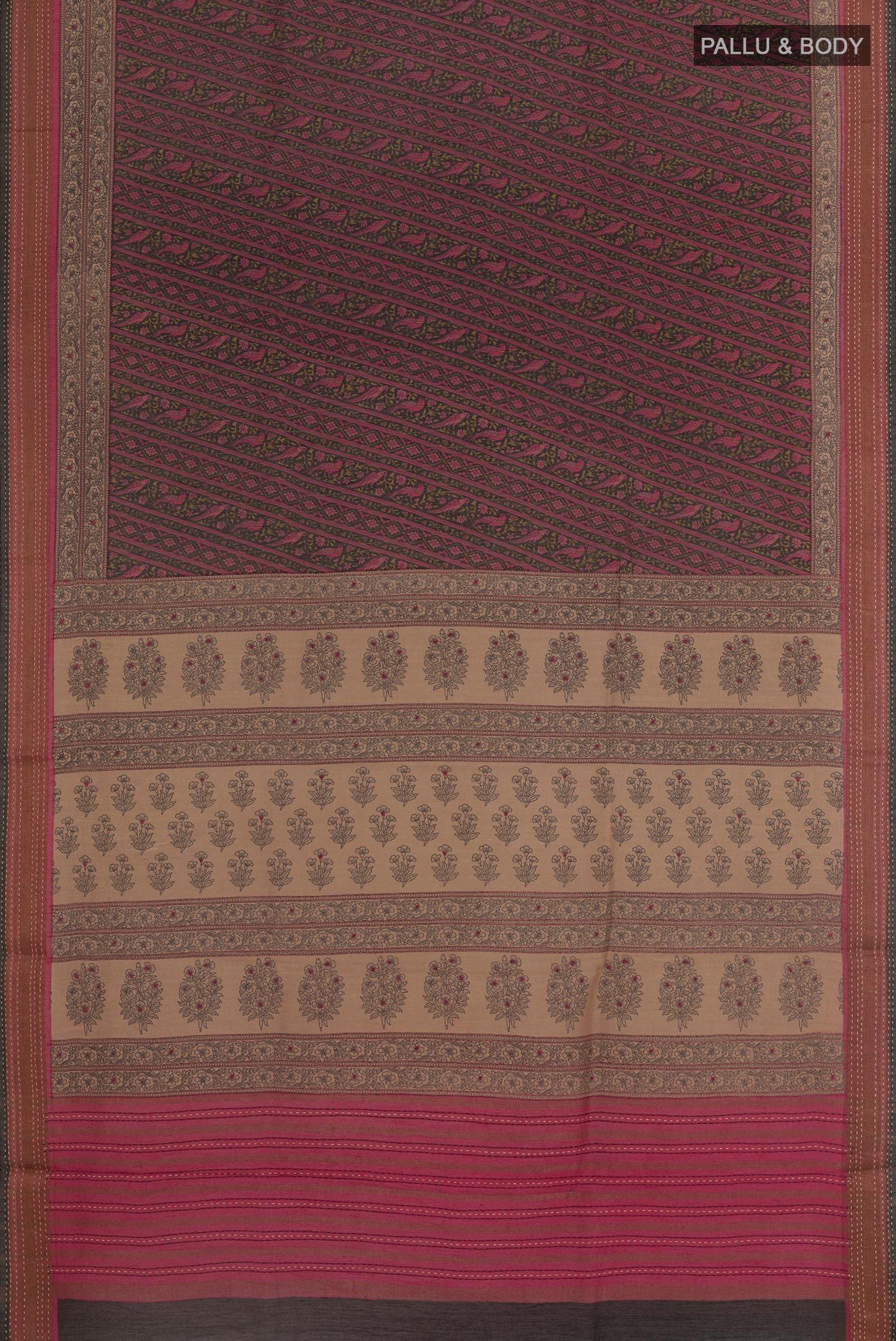 Flat view of Black Tussar Silk Saree with Printed design on the body and Zari Border. 