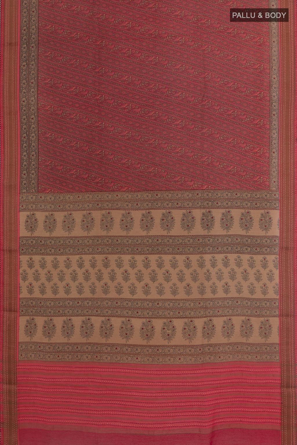 Flat view of Red Tussar Silk Saree with Printed design on the body and Zari Border. 