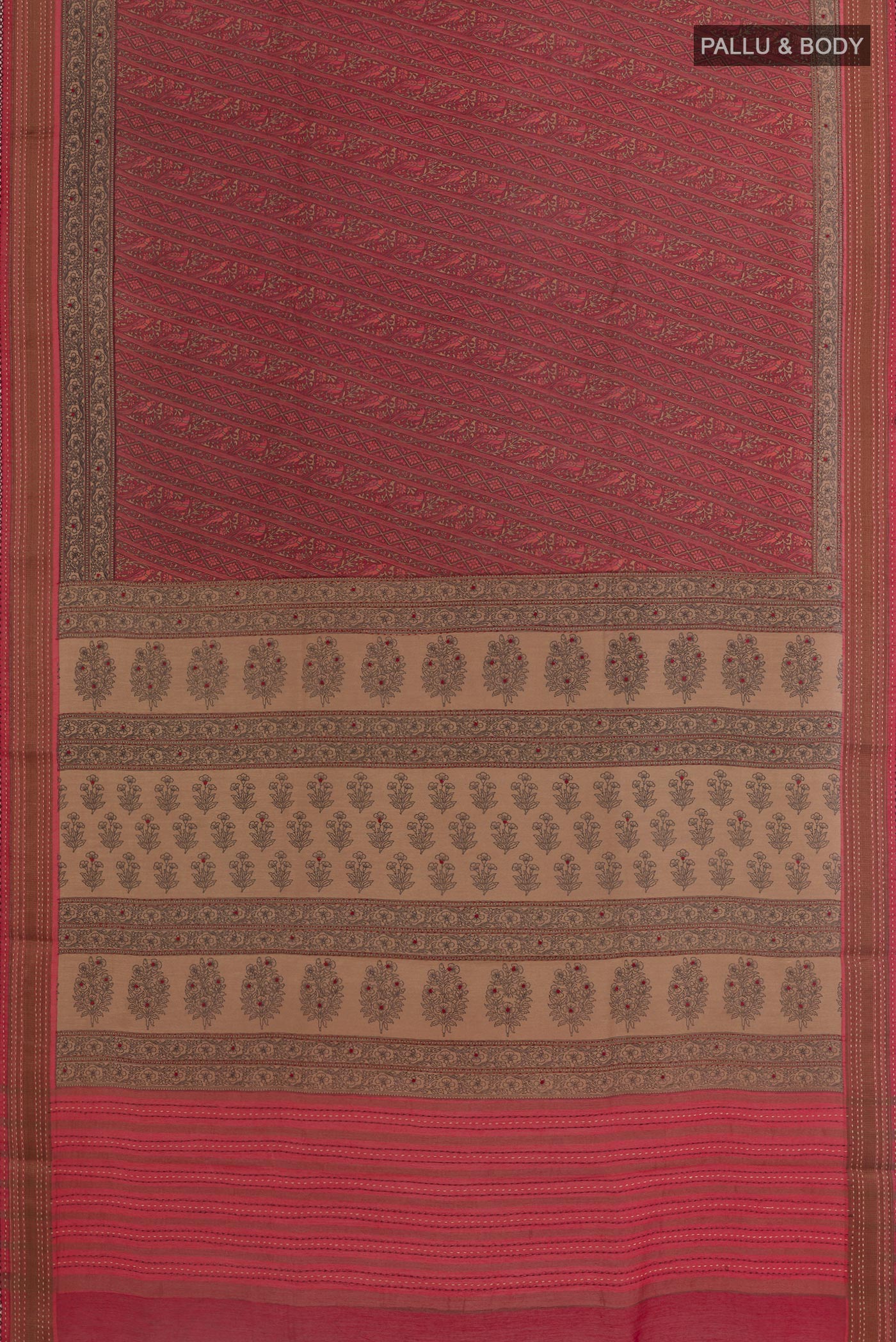 Flat view of Red Tussar Silk Saree with Printed design on the body and Zari Border. 