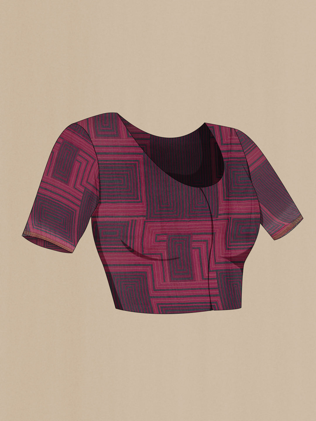 Close up image of the blouse of Purple Tussar Saree with Printed design on the body and Zari Border. 