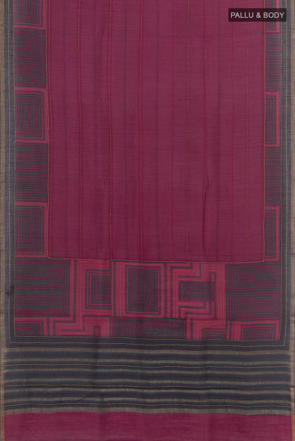 Flat view of Purple Tussar Saree with Printed design on the body and Zari Border. 