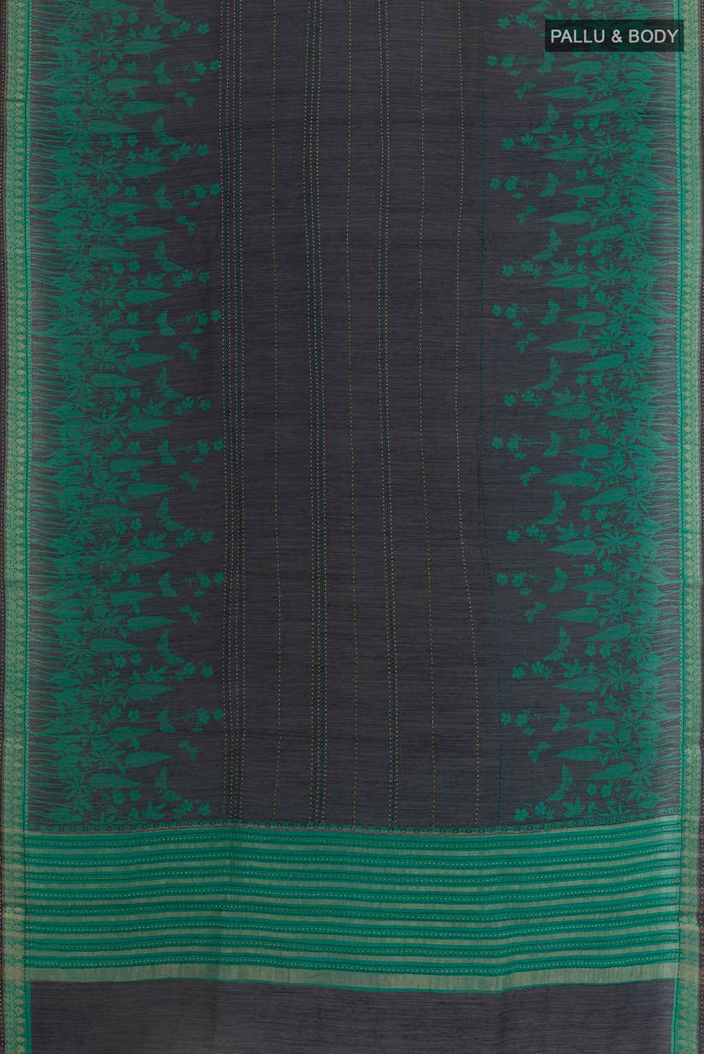 Flat view of Navy Blue Tussar Silk Saree with Printed design on the body and Zari Border. 