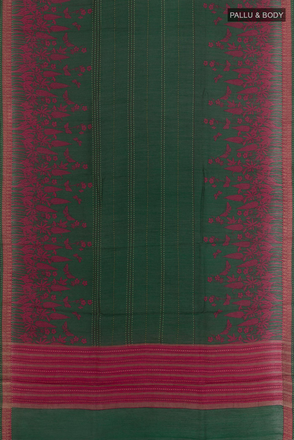 Flat view of Bottle Green Tussar Silk Saree with Printed design on the body and Zari Border. 