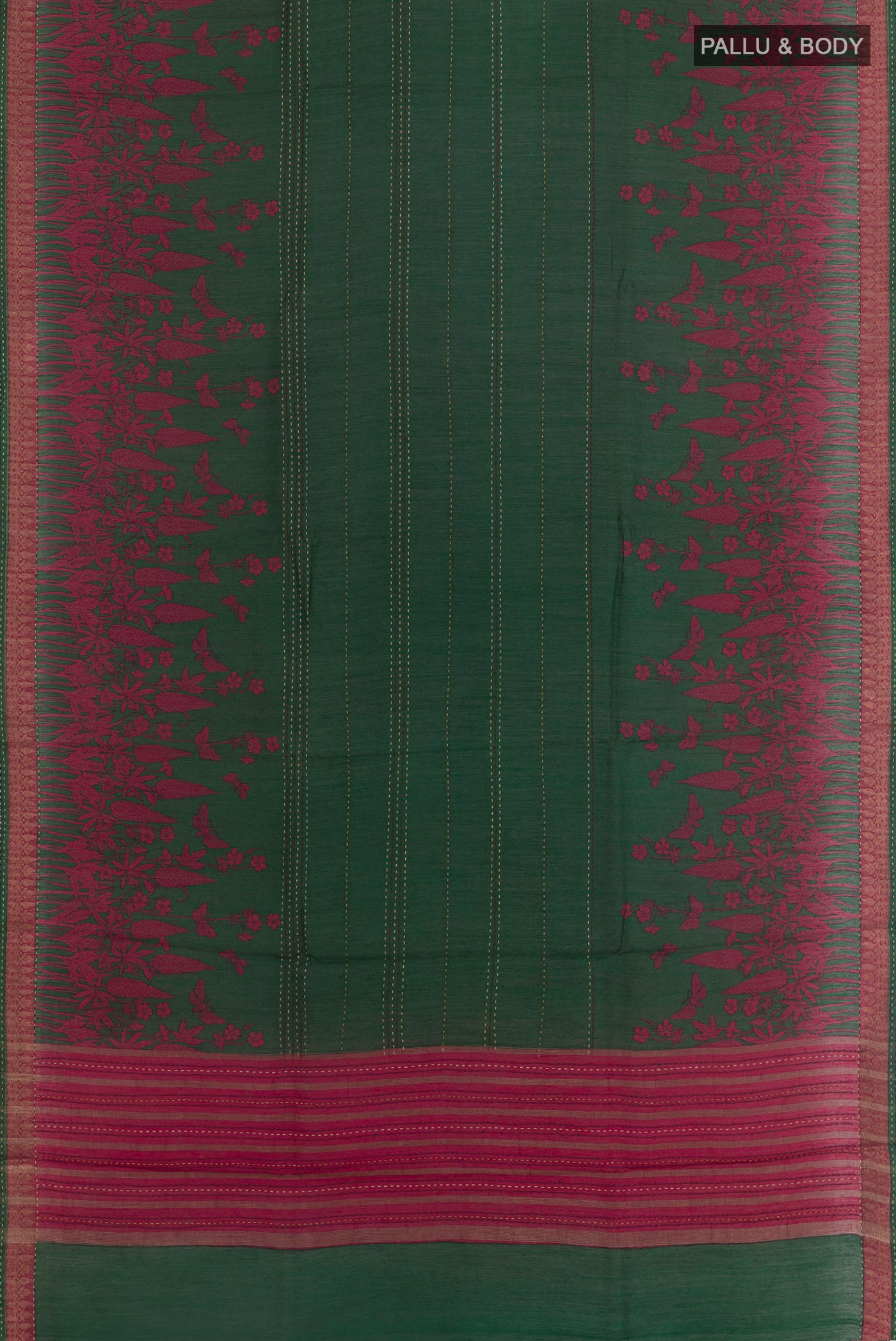 Flat view of Bottle Green Tussar Silk Saree with Printed design on the body and Zari Border. 