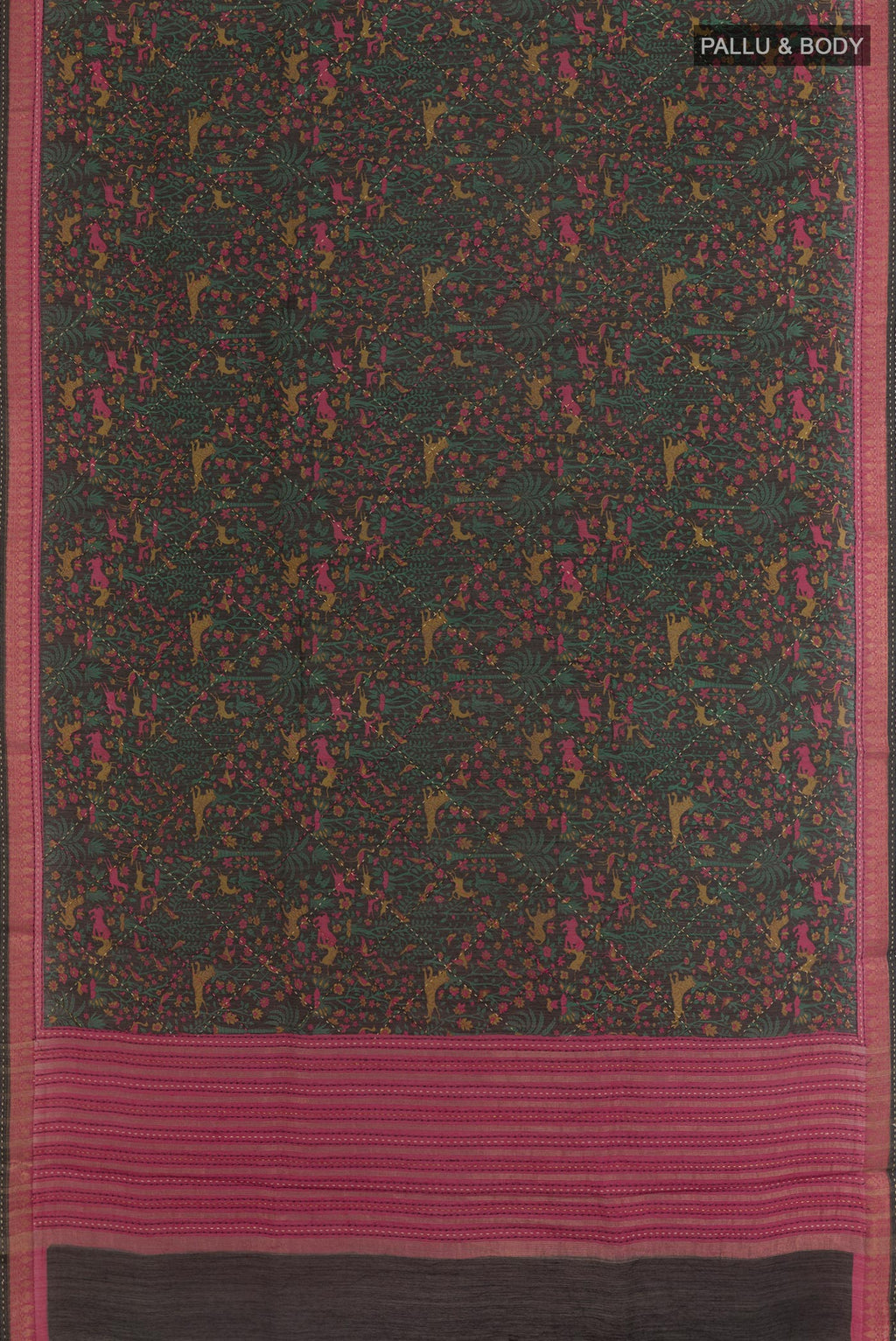 Flat view of Black Tussar Silk Saree with Printed design on the body and Zari Border. 