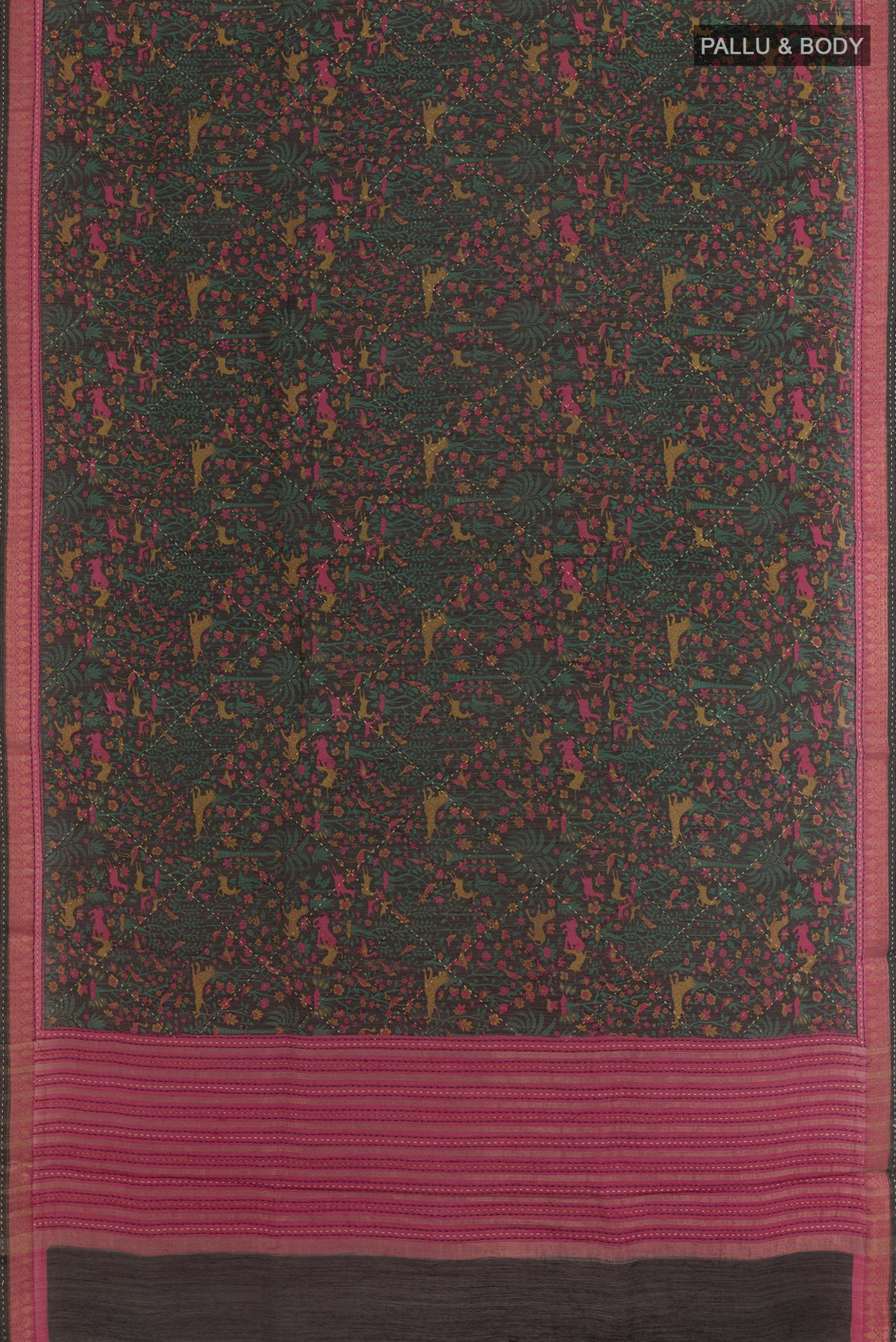 Flat view of Black Tussar Silk Saree with Printed design on the body and Zari Border. 