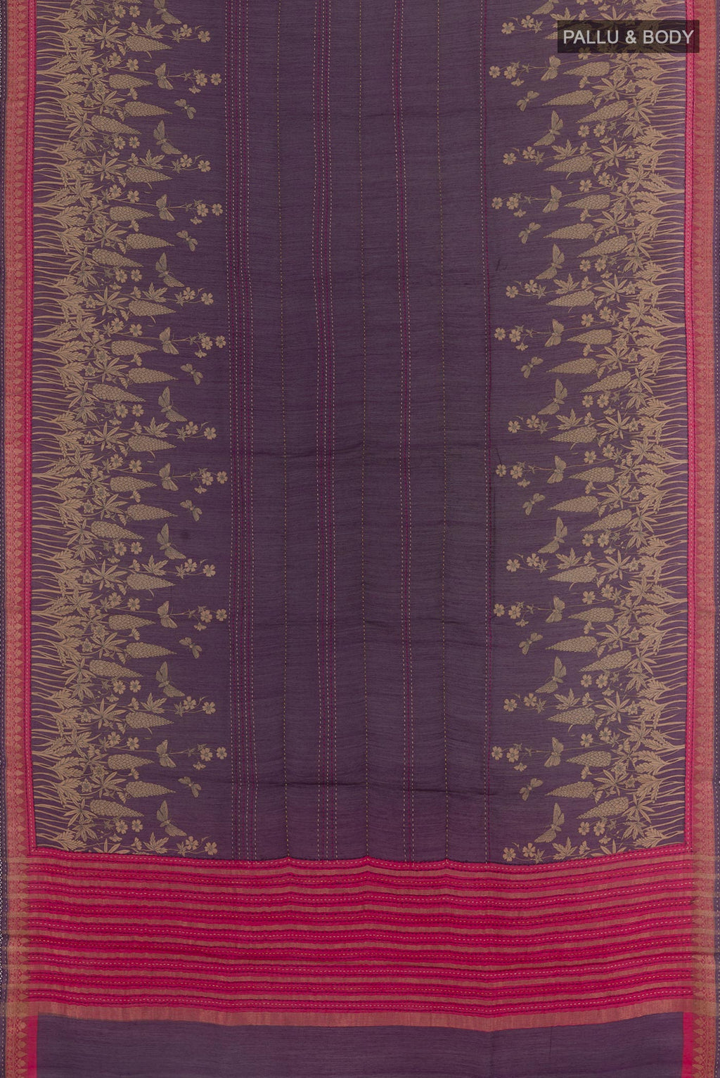 Flat view of Purple Tussar Saree with Printed design on the body and Zari Border. 