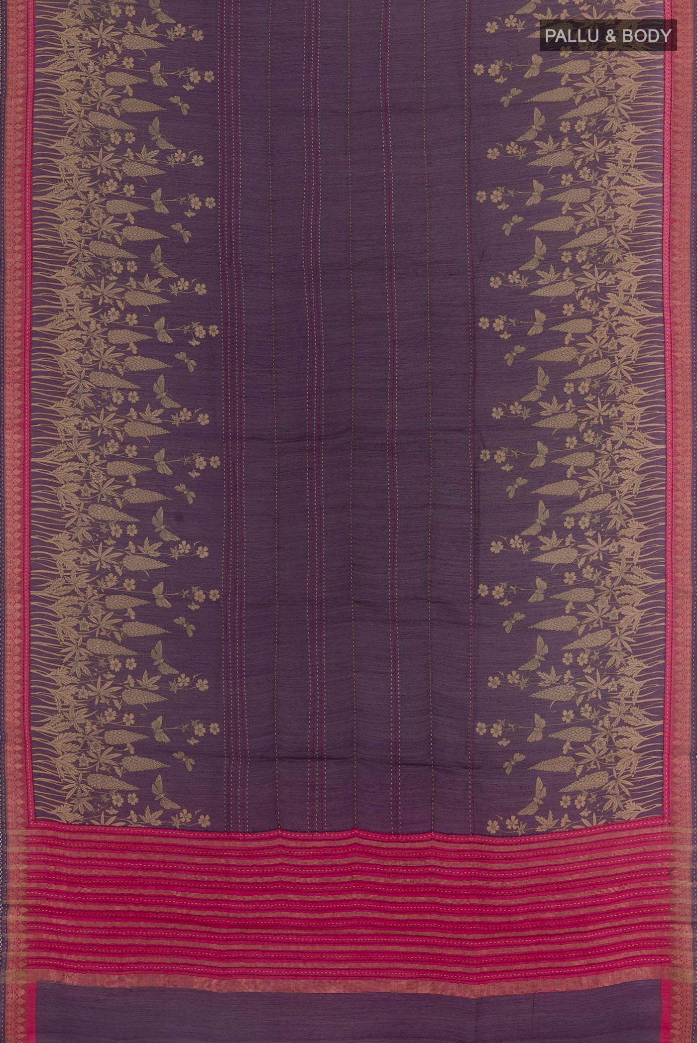 Flat view of Purple Tussar Saree with Printed design on the body and Zari Border. 