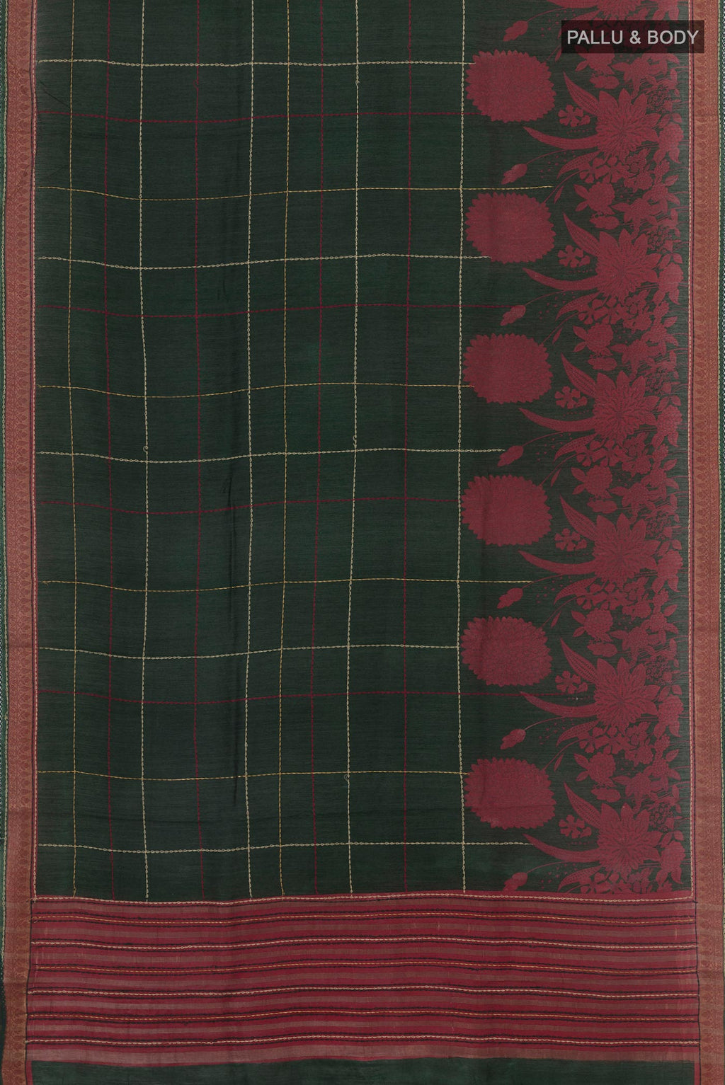 Flat view of Bottle Green Tussar Saree with Stripes on the body and Zari Border. 