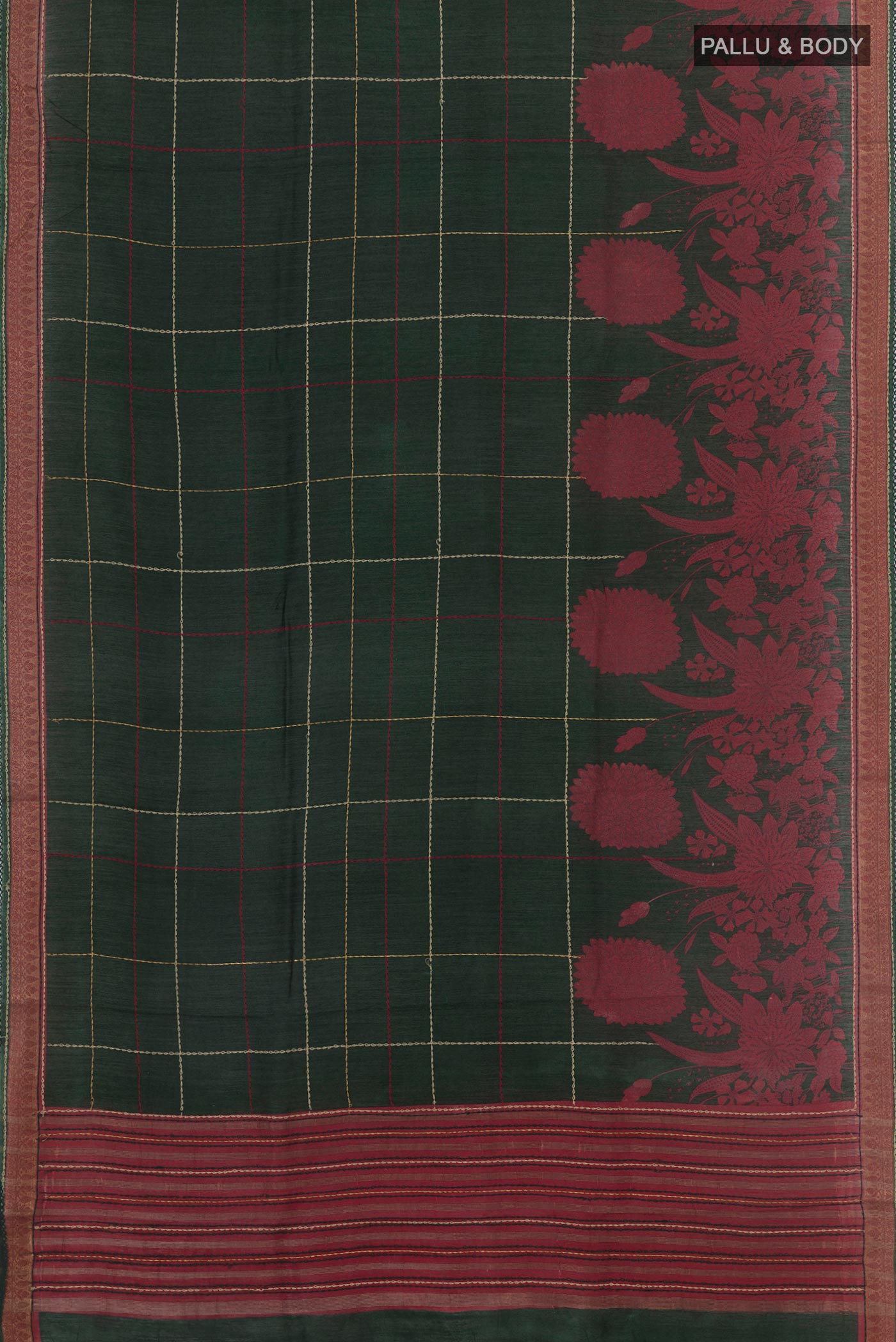 Flat view of Bottle Green Tussar Saree with Stripes on the body and Zari Border. 