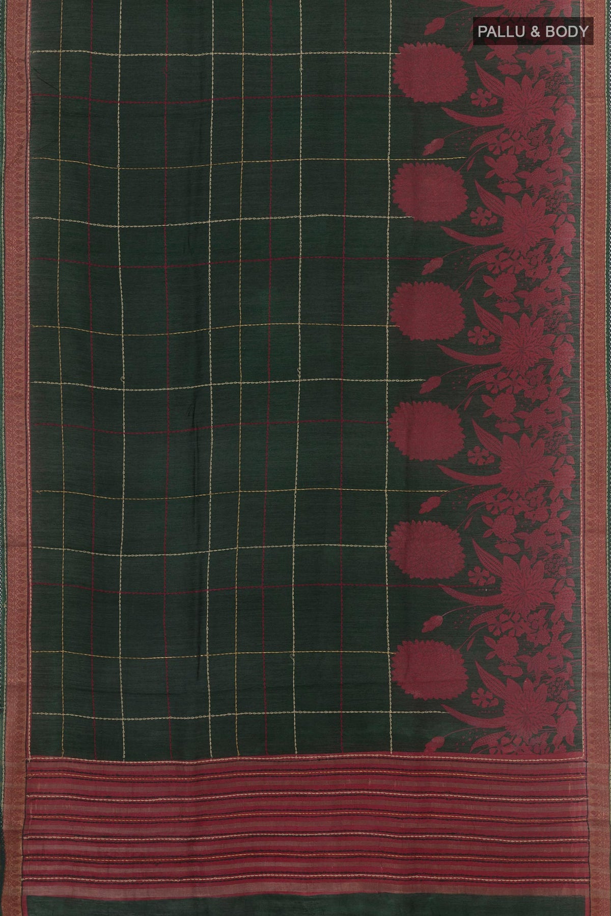 Flat view of Bottle Green Tussar Saree with Stripes on the body and Zari Border. 
